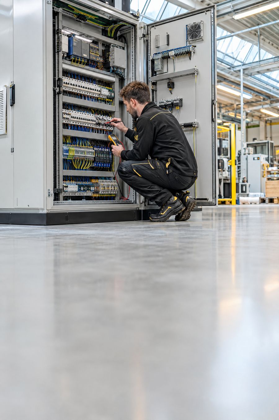 Elektriker prüft einen großen Schaltschrank in einer Gewerbehalle
