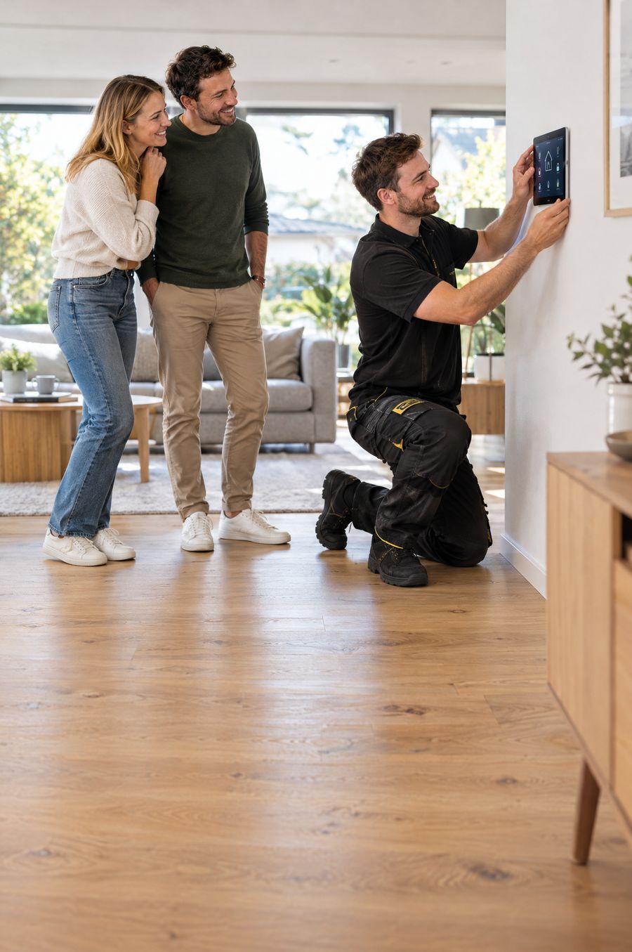 Elektriker montiert ein Smart-Home-Bedienpanel, ein Paar schaut zu